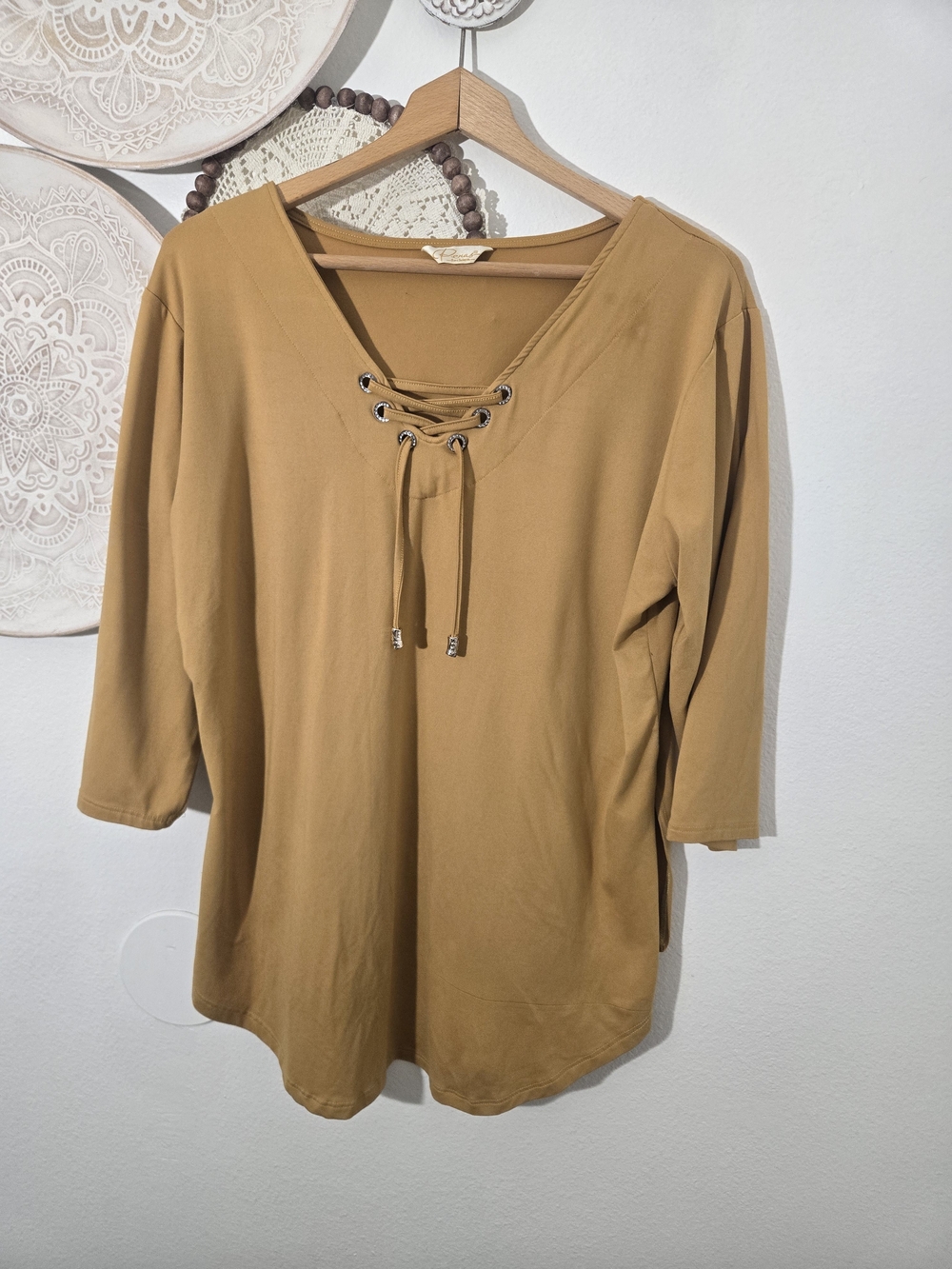 Lace-Up V-Neck Rhinestones Long Sleeve Tee — Camel XL